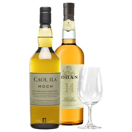 Caol Ila Moch & Oban 14 Jahre Highland Single Malt Scotch Whisky, 2x70cl mit Malts.com Nosing Glass
