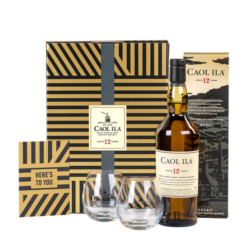 Caol Ila 12 Jahre Islay Single Malt Scotch Whisky 70cl im hochwertigen Geschenkset mit Gläsern & Grußkarte